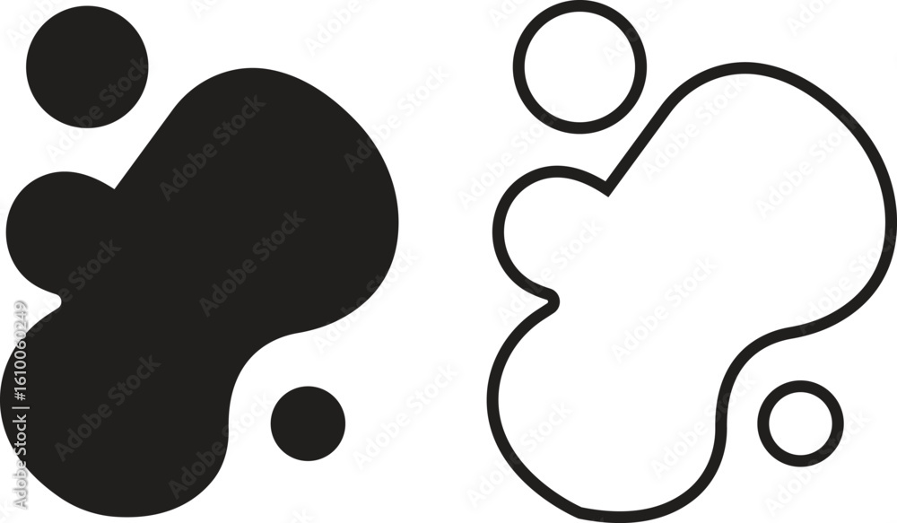 Poster blob shape flat and outline icon set, abstract organic black ink splatter or liquid drop silhouette 