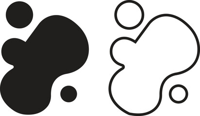 Blob shape flat and outline icon set, abstract organic black ink splatter or liquid drop silhouette symbols, irregular fluid form for modern art, ui design elements isolated on transparent background.