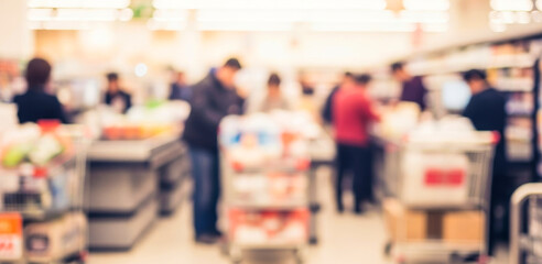 Obraz premium People shopping in a supermarket aisle with carts and shelves blurred background.Premium supermarket atmosphere photos for poster, banner and pamphlet backgrounds