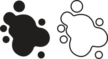Blob shape flat and outline icon set, abstract organic black ink splatter or liquid drop silhouette symbols, irregular fluid form for modern art, ui design elements isolated on transparent background.