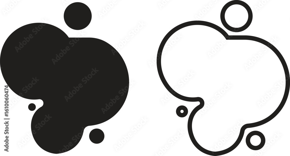 Poster blob shape flat and outline icon set, abstract organic black ink splatter or liquid drop silhouette 