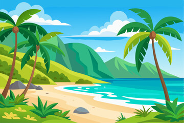 This scenic coastal landscape features a tranquil shoreline surrounded by greenery and distant mountains, perfect for vacation, travel, and summer-themed designs. Ideal for web, print, or social media