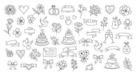 Line art collection of wedding-themed elements: flowers, cakes, hearts, doves, rings, banners, bows, and champagne glasses. Clean and minimalist style.