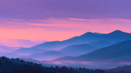 Fototapeta premium Misty Mountain Ridge at Sunrise with Purple Sky