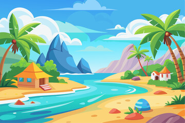This scenic coastal landscape features a tranquil shoreline surrounded by greenery and distant mountains, perfect for vacation, travel, and summer-themed designs. Ideal for web, print, or social media