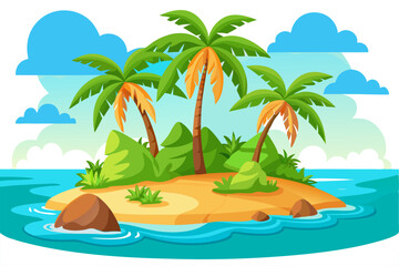 This scenic coastal landscape features a tranquil shoreline surrounded by greenery and distant mountains, perfect for vacation, travel, and summer-themed designs. Ideal for web, print, or social media