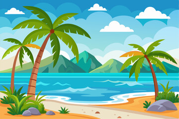 This scenic coastal landscape features a tranquil shoreline surrounded by greenery and distant mountains, perfect for vacation, travel, and summer-themed designs. Ideal for web, print, or social media
