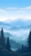 Fototapeta premium Vector illustration of a mountain landscape featuring pine trees shrouded in fog