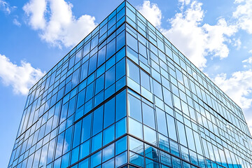  Modern glass office building with reflective blue windows and contemporary architecture against bright sky with white clouds, corporate headquarters design, urban commercial real estate, sleek busine
