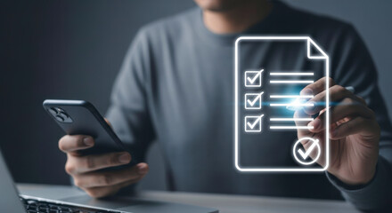 Man using checklist app on phone for task management productivity and digital workflow efficiency online