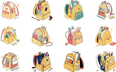 Colorful school backpacks illustrations displaying school supplies ready for back to school theme