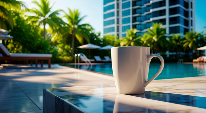 Morning Coffee Cup Beside a Pool in Tropical Paradise