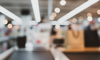 Blurred checkout conveyor belt with shopping bags in a store interior.Premium supermarket atmosphere photos for poster, banner and pamphlet backgrounds