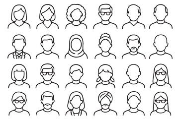 A collection of diverse black and white icon portraits, showcasing a variety of people with different hairstyles, accessories, and ethnic backgrounds