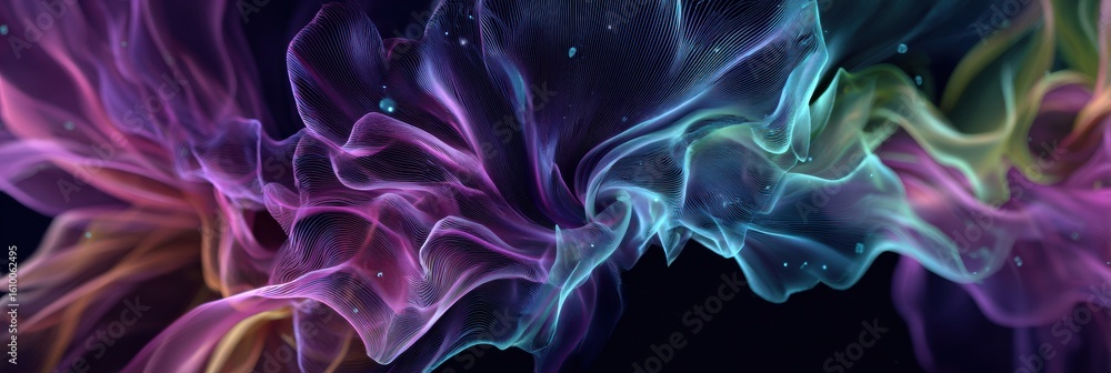 Poster intricate fluid lines represent mental energy in vibrant colors on a clear side space, creating a ca