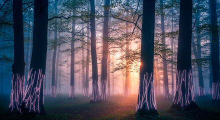 Mystical Forest with Illuminated Trees at Sunrise 