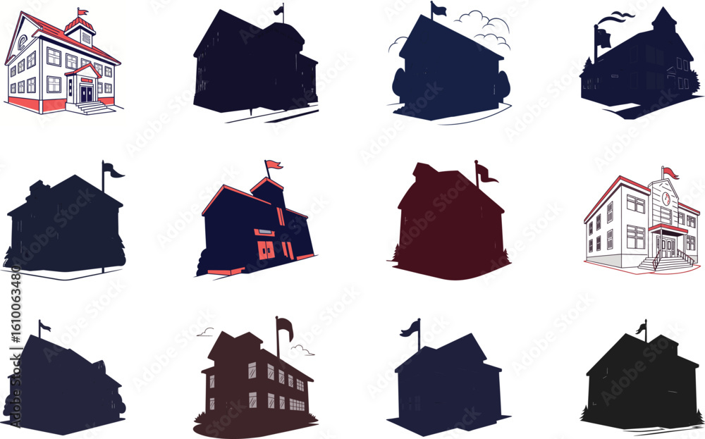 Poster collection of diverse school building illustrations in various styles with flags on display