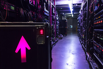 Futuristic neon lit server room data center corridor with powerful network servers and glowing purple arrow indicator, high tech cloud computing infrastructure, cybersecurity, digital storage technolo