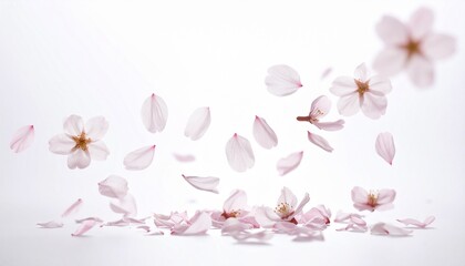 Delicate cherry blossom petals gracefully float and drift through the air in soft motion before gently landing on a pristine white surface; cinematic tone with dramatic lighting