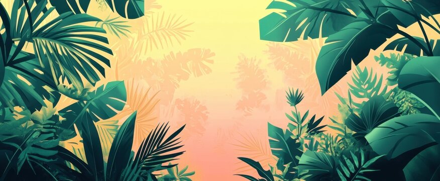 Explore a vibrant tropical jungle background featuring lush green foliage and a colorful sunset glow. Ideal for nature-inspired projects and designs.