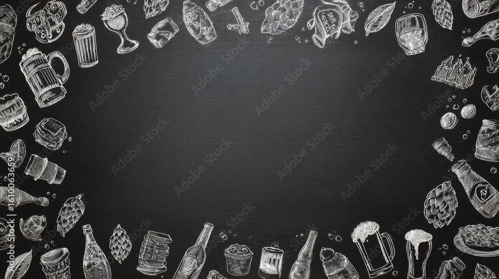 Poster hand-drawn beer types and icons on chalkboard with empty center for adding personalized beverage sel