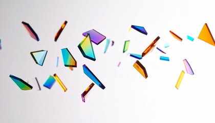 Floating shards of vibrant rainbow glass suspended mid-air against a pristine white background, capturing dazzling light refractions, sparkling reflections, and an ethereal, weightless beauty