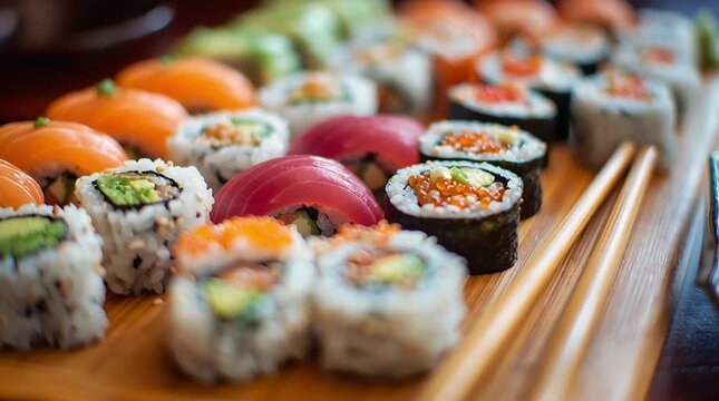 Close-up of wooden chopsticks resting on a tray filled with colorful sushi rolls, showcasing vibrant ingredients and textures in a delightful culinary presentation