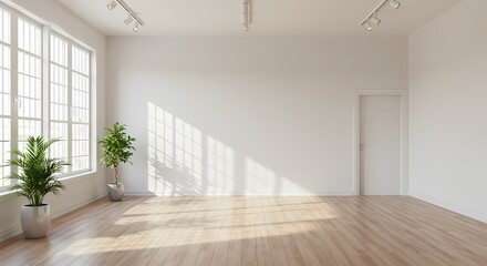 Bright Empty Hall: Sunlight Falls, White Walls and Greenery Outline an Open and Simple Space