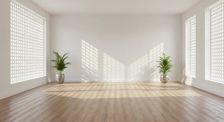 Simple Empty Room: White Walls, Light - Shadow, and Green Plants Create a Pure and Quiet Space