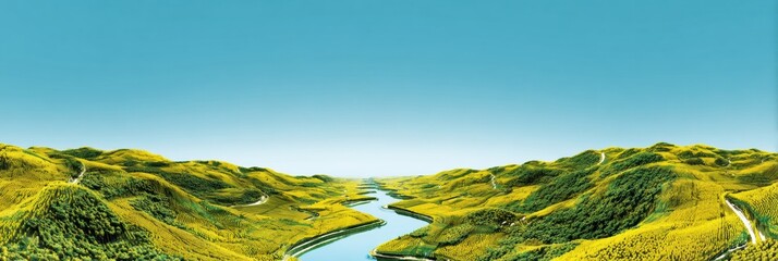 Surreal River of Beer Flows Through a Vivid Valley of Hops Under a Clear Blue Sky