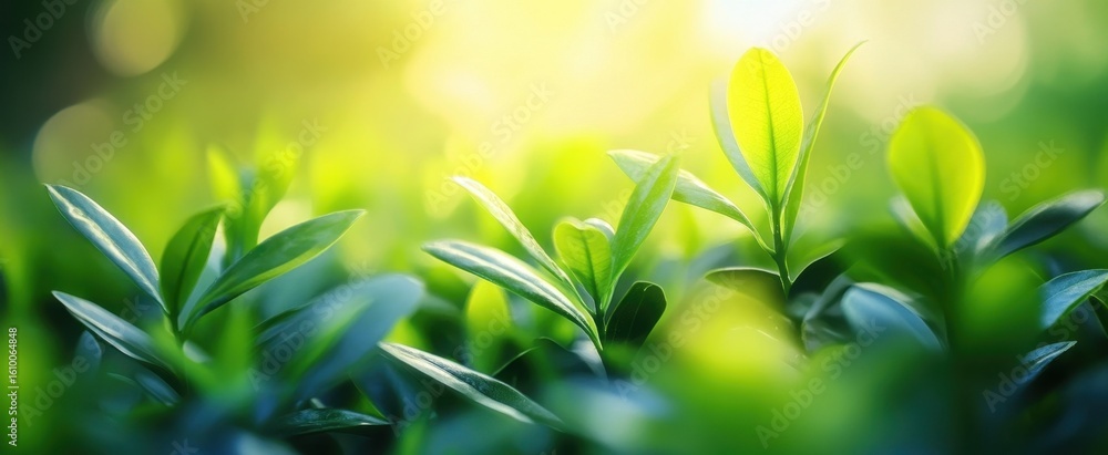 Aufkleber lush green leaves bask in warm sunlight, creating a serene atmosphere with a soft bokeh background. 