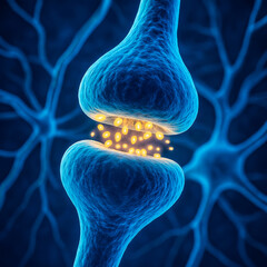  3D rendering of a neuronal synapse showing neurotransmitter release between two neurons