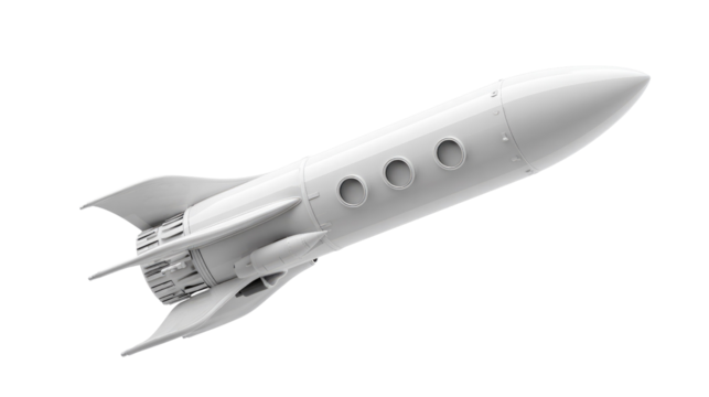 Rocketship to the Stars: A sleek, white rocket ascends, representing ambition and exploration, isolated against a clean, simple backdrop, evoking a sense of wonder and technological prowess.