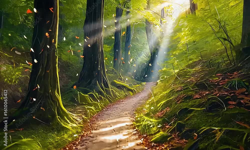 Poster a sunlit path winding through a dense forest with light filtering through the trees and falling leav