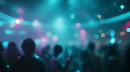 Blurred nightclub crowd under teal and magenta lights, dome-shaped interior, hazy futuristic glow, ideal for EDM party, nightlife, or modern dance music concept