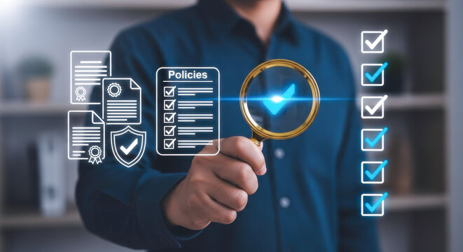 Compliance checklist audit policies regulations magnifying glass business quality control standard process