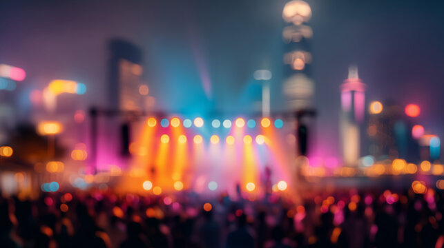 Blurred nightclub party scene with city skyline backdrop, glowing pink, purple, and orange stage lights, suitable for modern outdoor music festivals and nightlife visuals