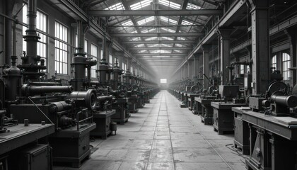 Monochrome Factory Interior: Rows of Vintage Machinery