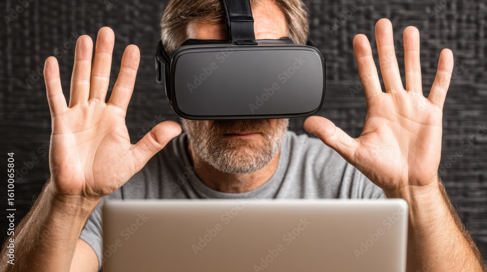 Poster man using virtual reality headset with hands raised in front of a laptop