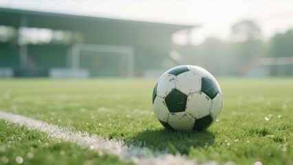 Obraz premium Worn soccer ball on green field