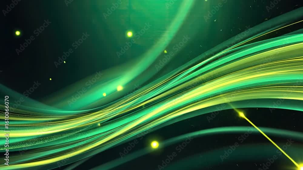 Poster abstract green wave design with glowing particles dynamic background of energy and motion in digital