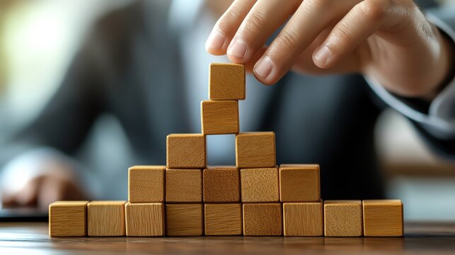 A hand placing the final piece on a pyramid of wooden blocks symbolizing time management and success