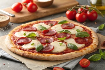 Deliciously fresh margherita pizza topped with salami and basil on a rustic surface
