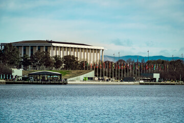 The photo showcases the beautiful scenery on both sides of the Lake Burley Griffin