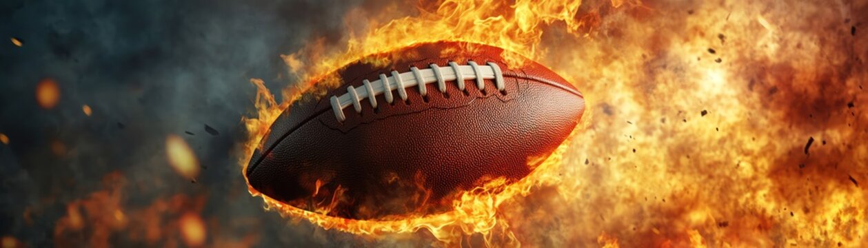 An American football engulfed in flames, symbolizing passion and intense energy of the sport