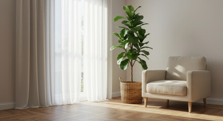 Bright and Airy Living Room Corner with Neutral Decor and Indoor Plant by Window