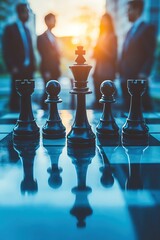 Strategic business planning concept represented by chess pieces overlayed with businesspeople
