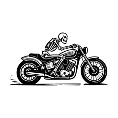 Skeleton riding motorcycle sketch engraving black and white outline. Scratch board imitation.  illustrated in vintage line art style on a white background.