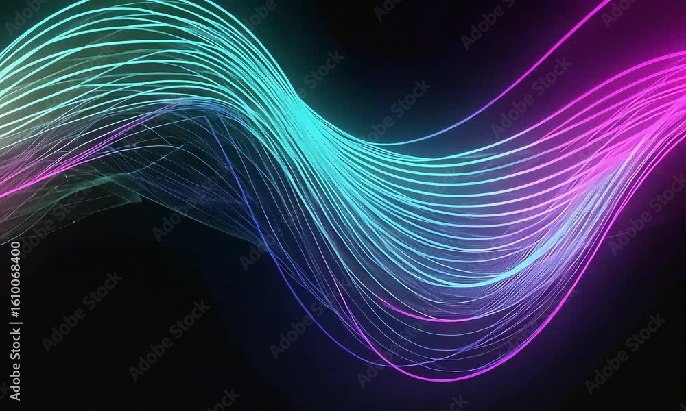 Poster abstract neon waves flowing across a dark background with connected dots and lines design