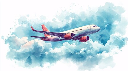 Watercolor illustration of an airplane soaring through a cloudy sky.